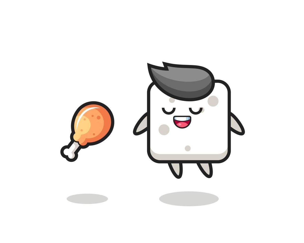 cute sugar cube floating and tempted because of fried chicken vector