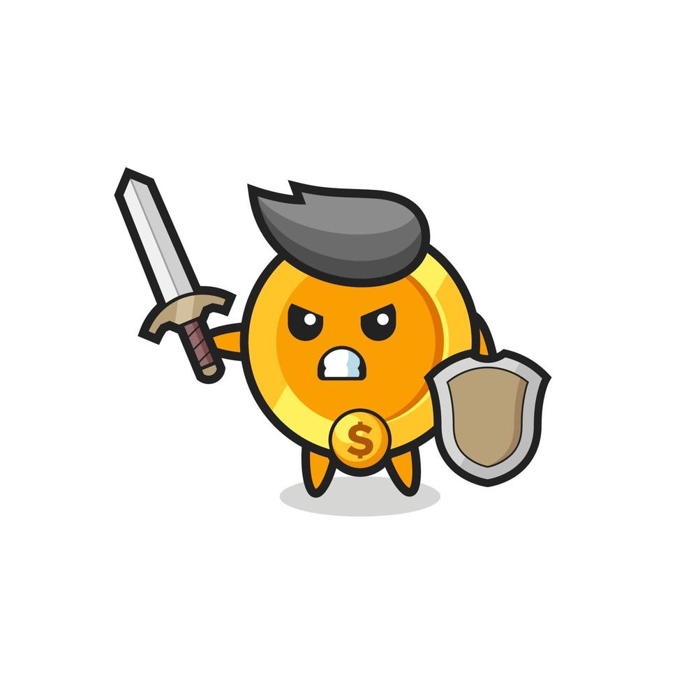 cute dollar currency coin soldier fighting with sword and shield vector