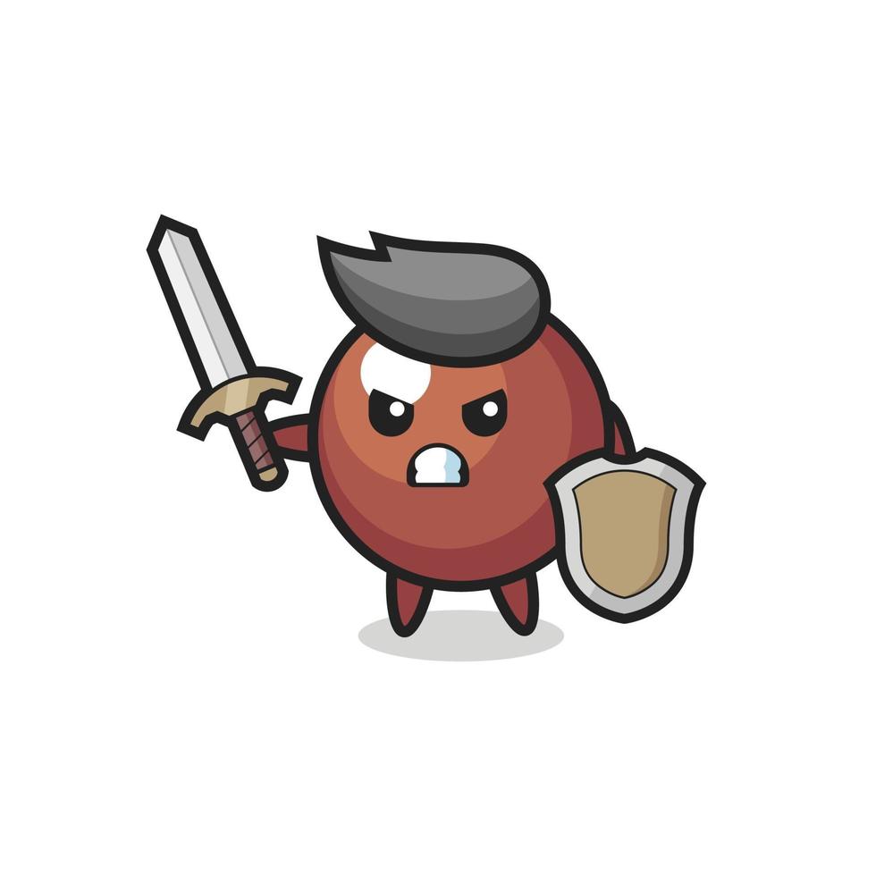 cute chocolate ball soldier fighting with sword and shield vector