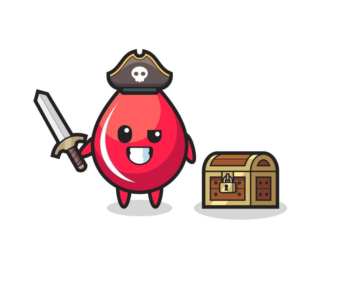 the blood drop pirate character holding sword beside a treasure box vector