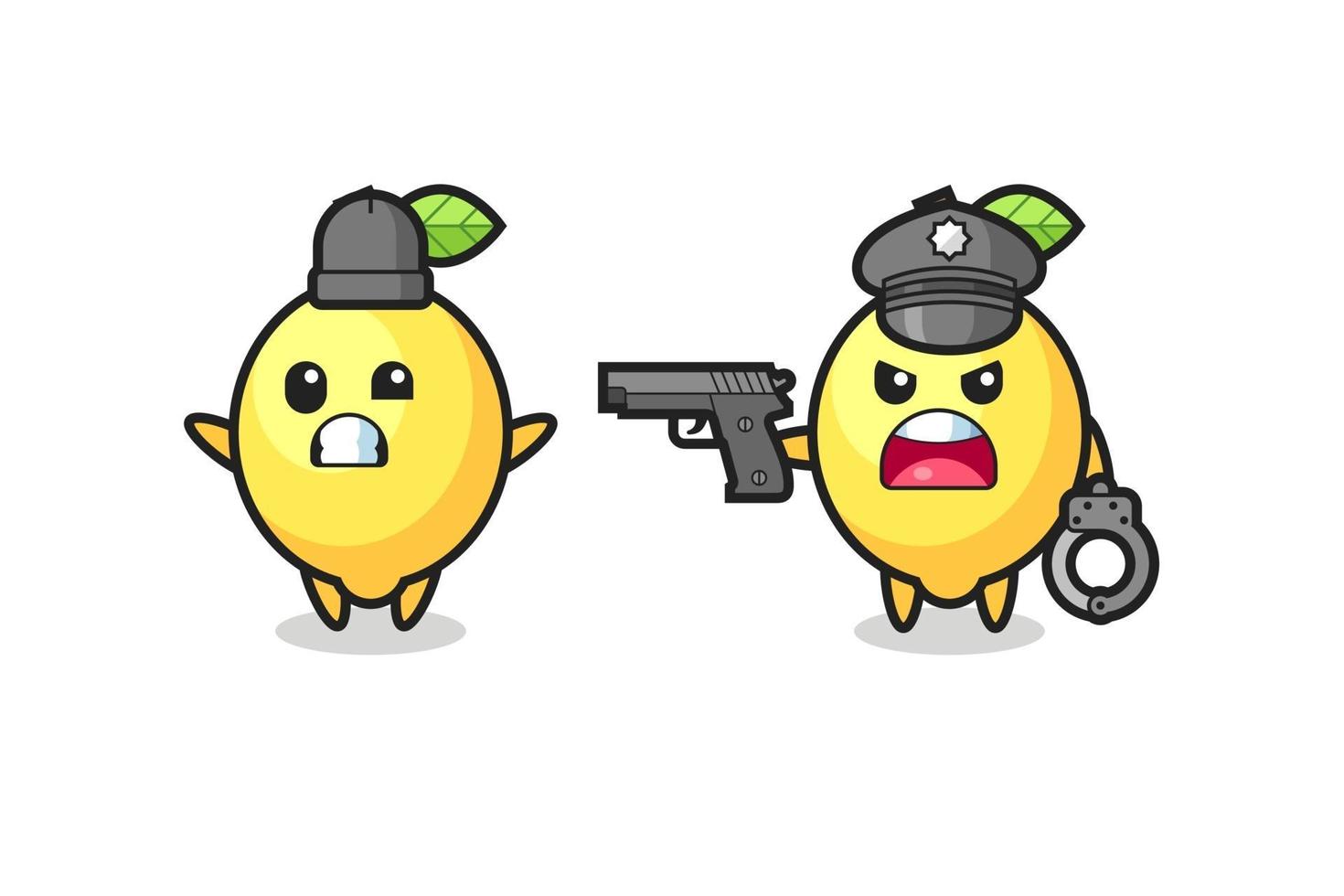 illustration of lemon robber with hands up pose caught by police vector