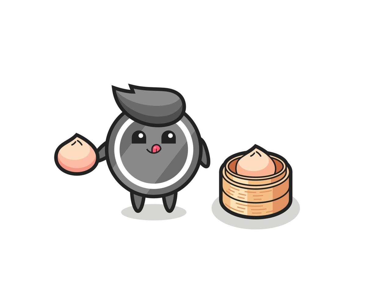 cute hockey puck character eating steamed buns vector