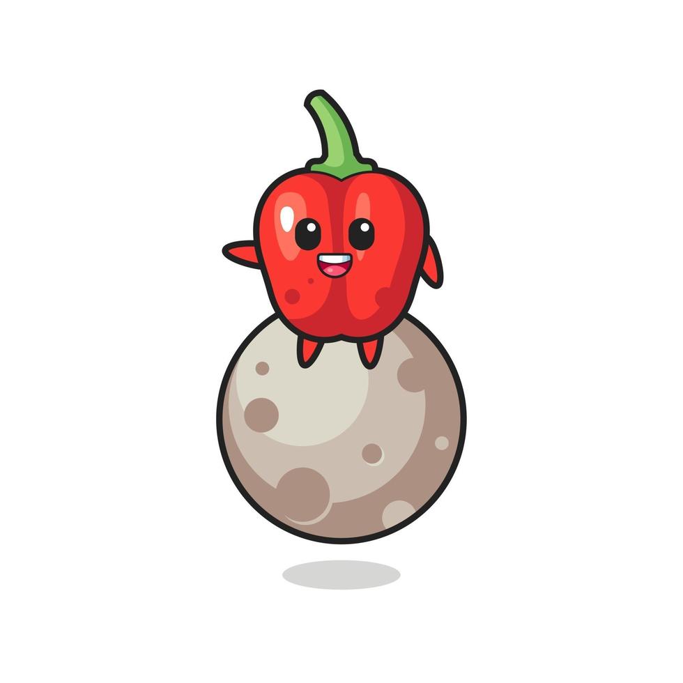 illustration of red bell pepper cartoon sitting on the moon vector