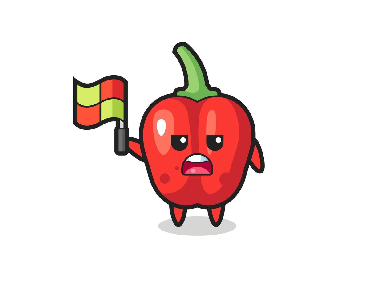 red bell pepper character as line judge putting the flag up vector