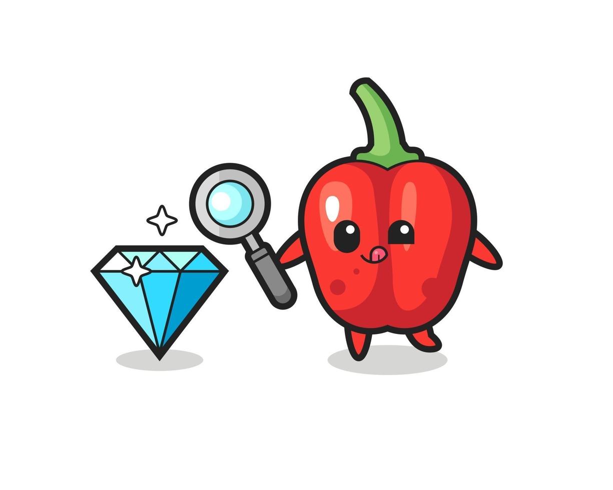 red bell pepper mascot is checking the authenticity of a diamond vector
