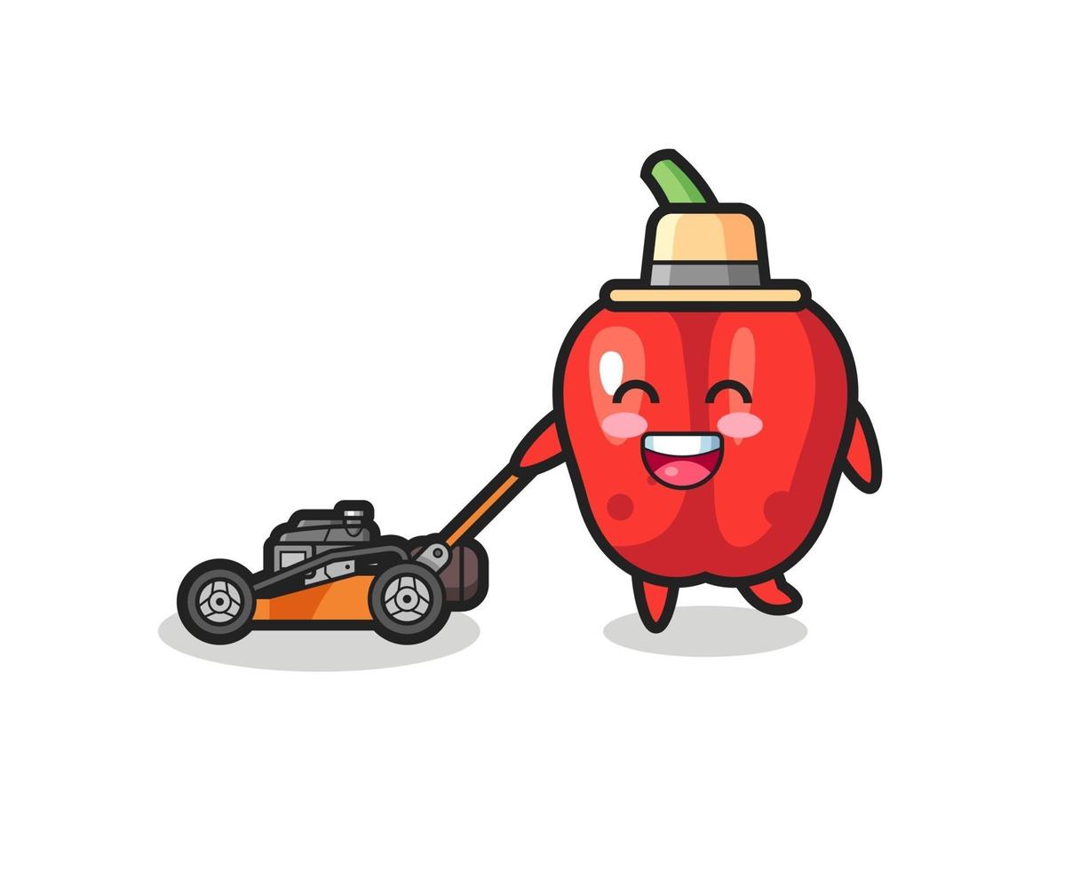 illustration of the red bell pepper character using lawn mower vector