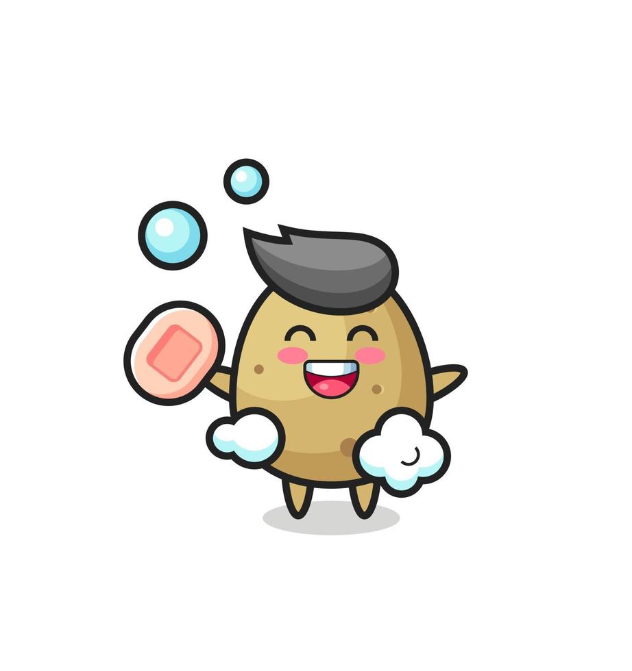 potato character is bathing while holding soap vector