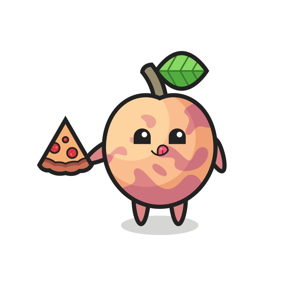 linda caricatura de fruta pluot comiendo pizza vector