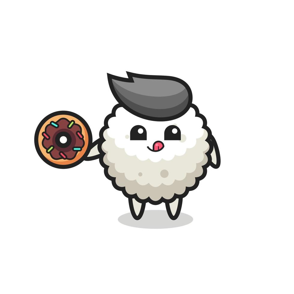 illustration of an rice ball character eating a doughnut vector