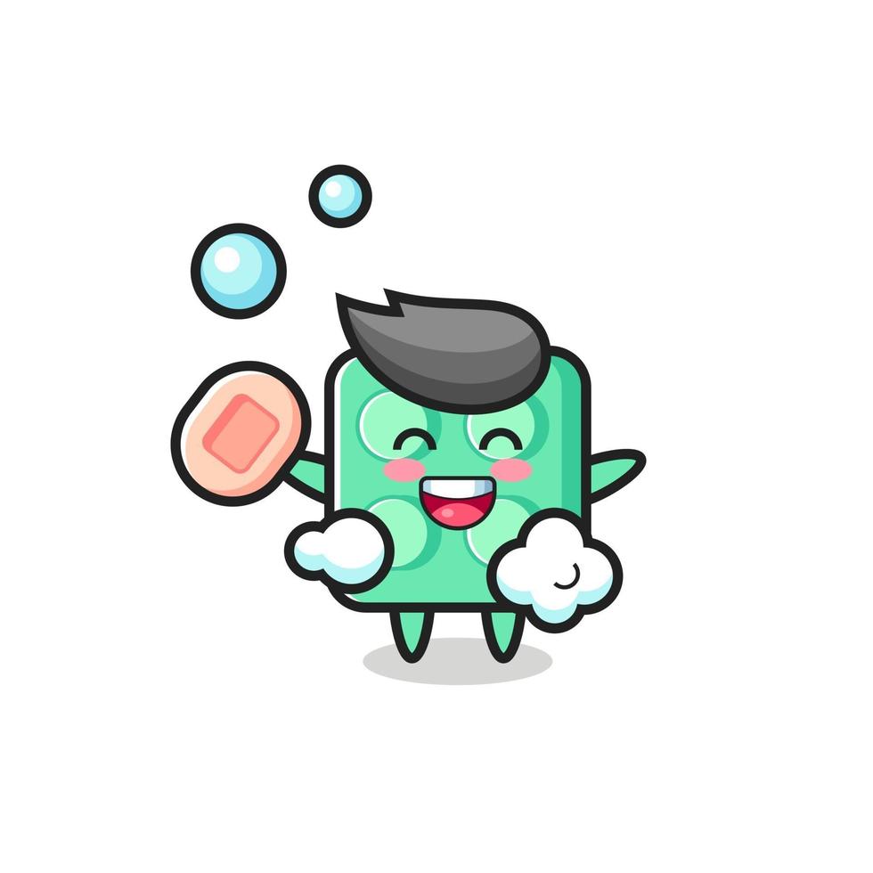 brick toy character is bathing while holding soap vector