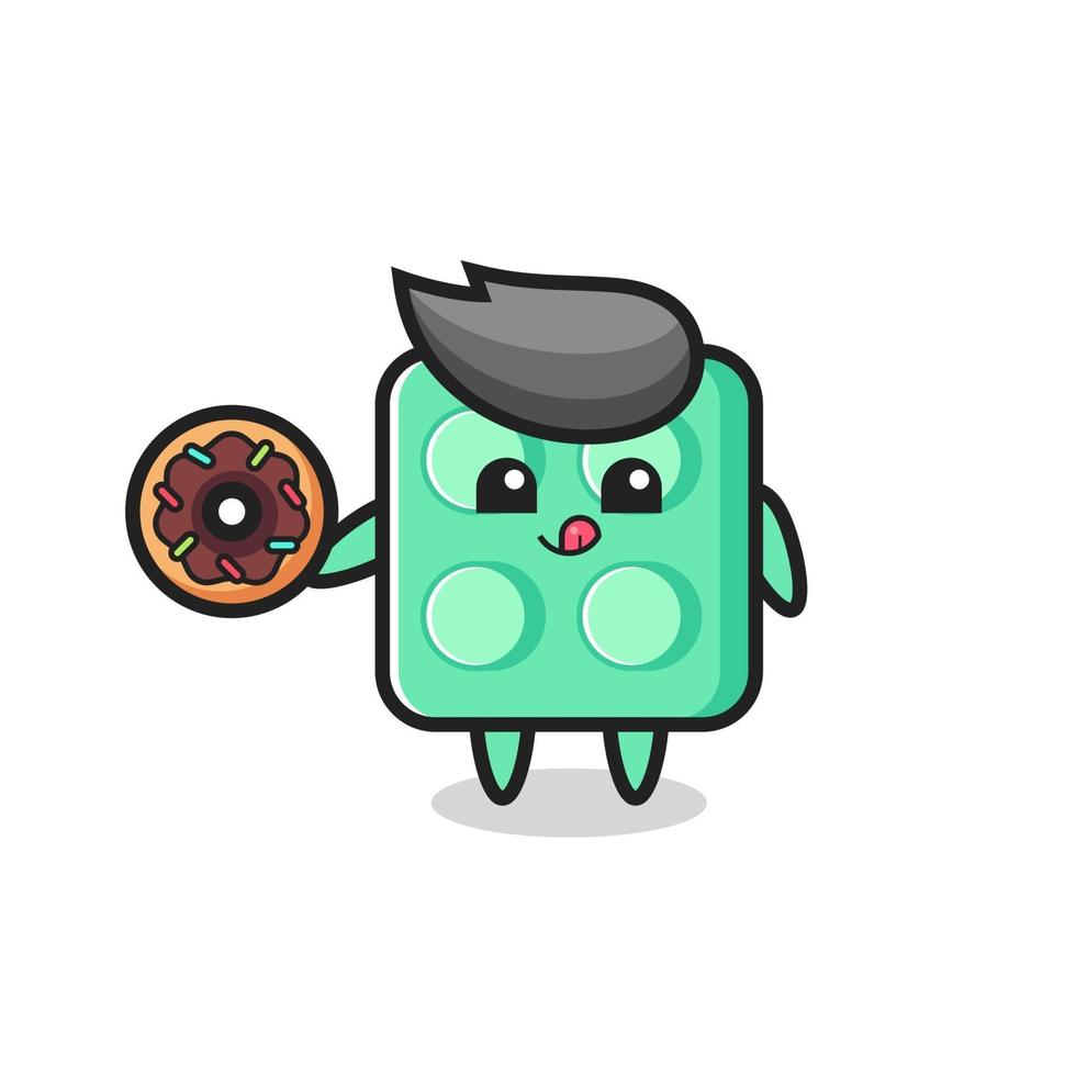 illustration of an brick toy character eating a doughnut vector