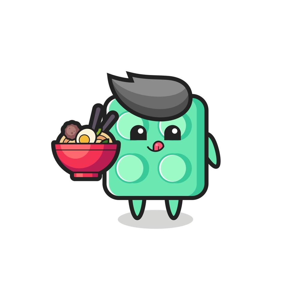 lindo personaje de juguete de ladrillo comiendo fideos vector