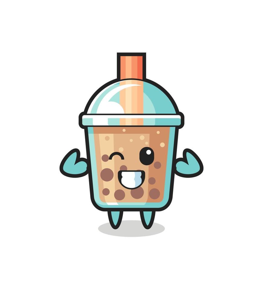 the muscular bubble tea character is posing showing his muscles vector