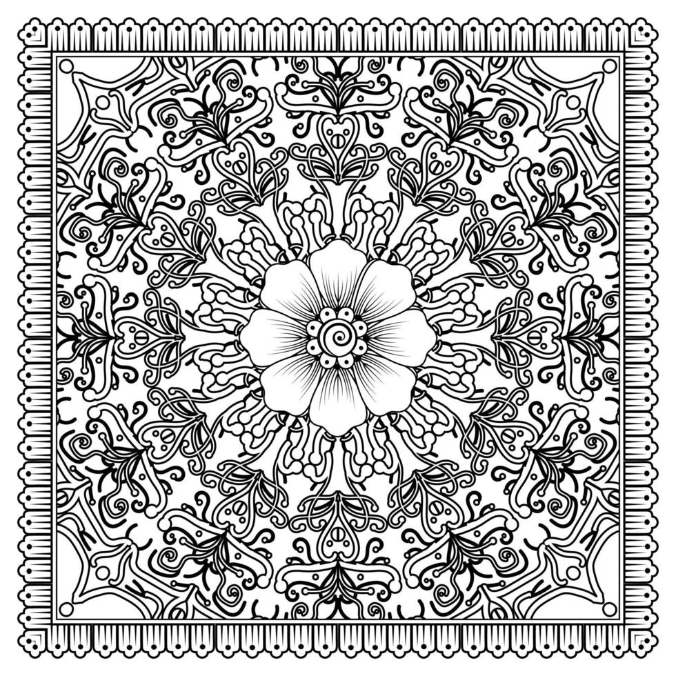 Outline square flower pattern in mehndi style for coloring book page vector