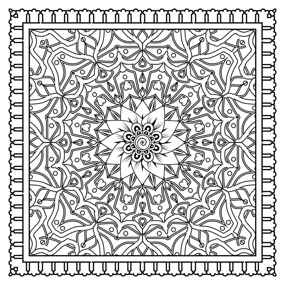 Outline square flower pattern in mehndi style for coloring book page vector