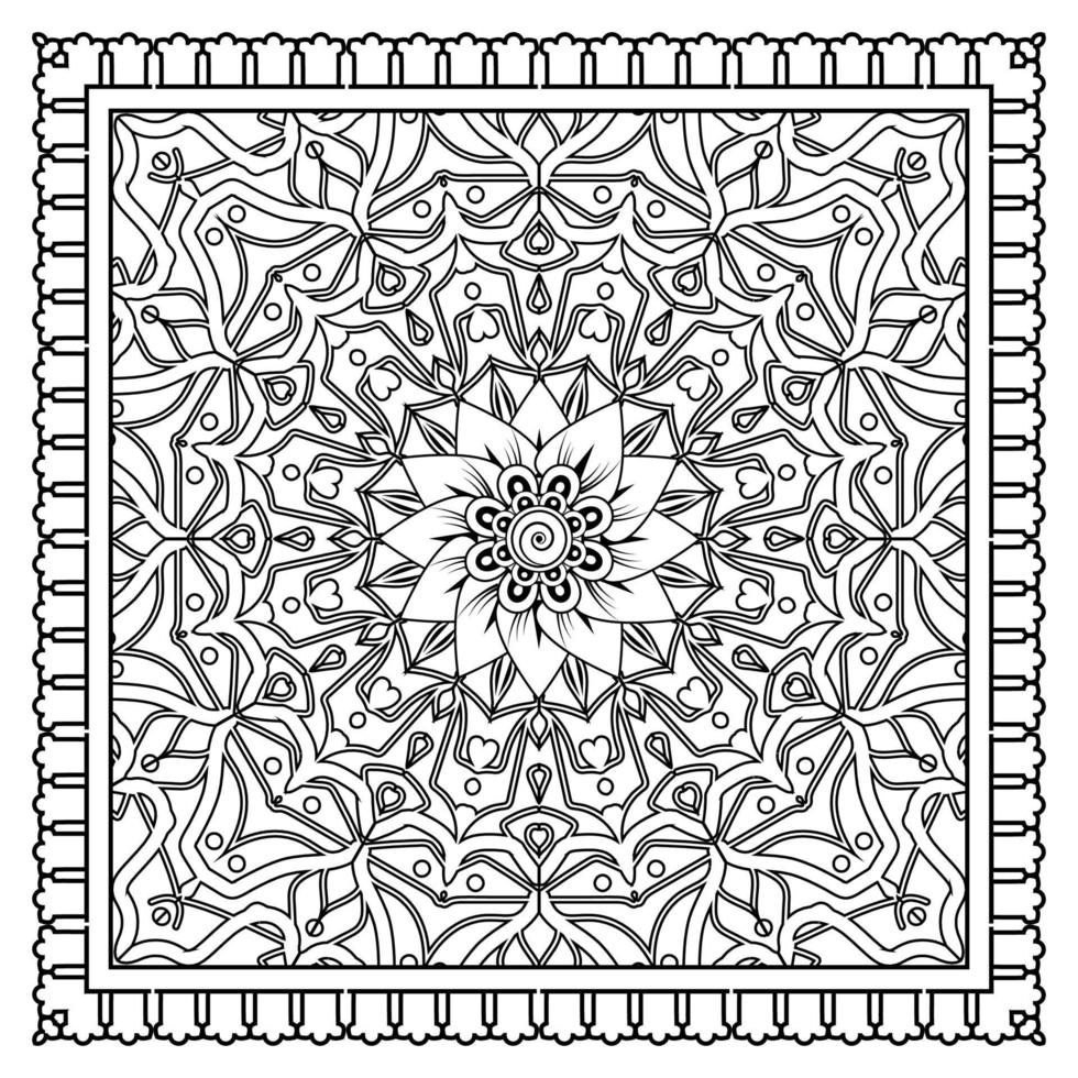 Esquema de patrón de flores cuadradas en estilo mehndi para colorear la página del libro vector