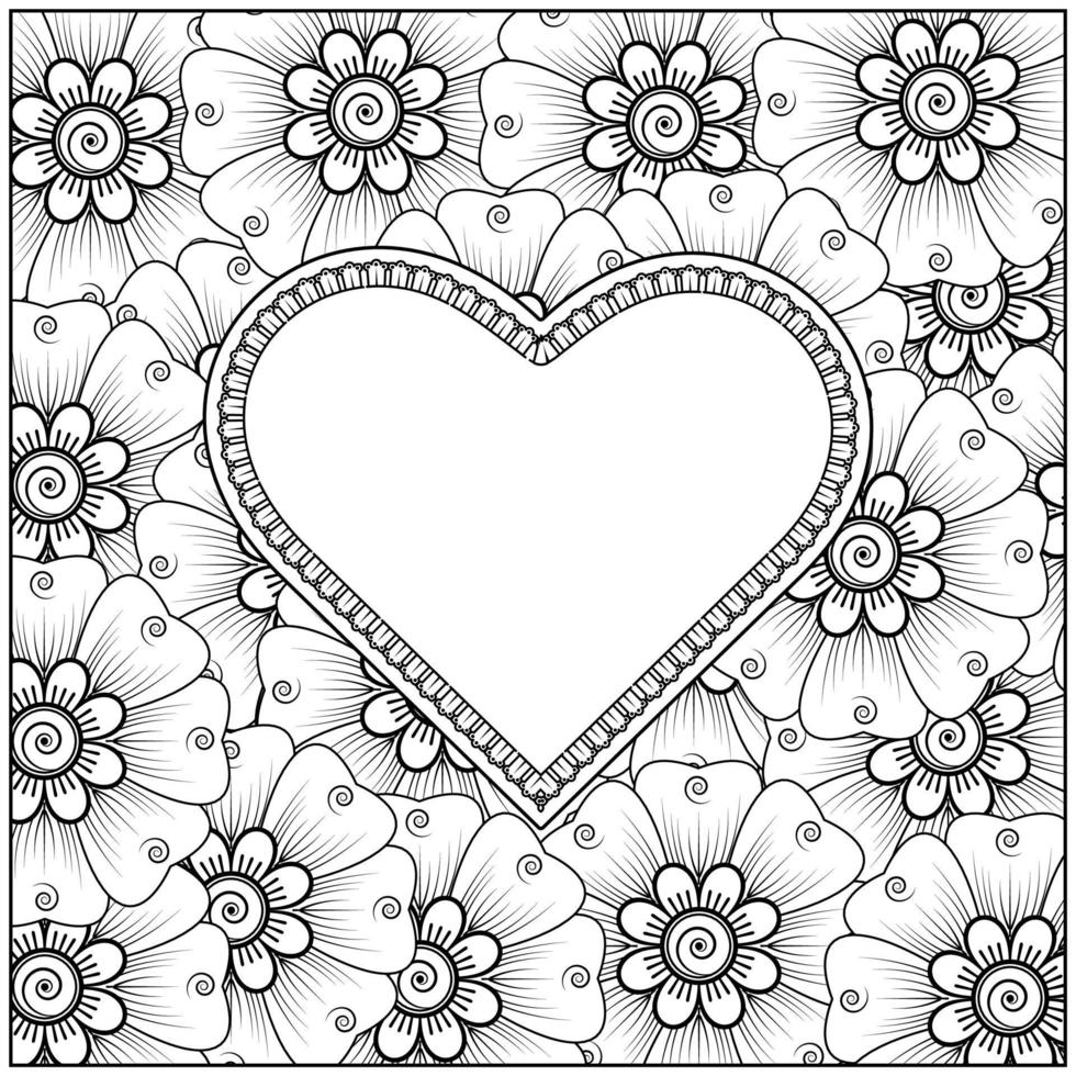 mehndi flower with frame in shape of heart vector