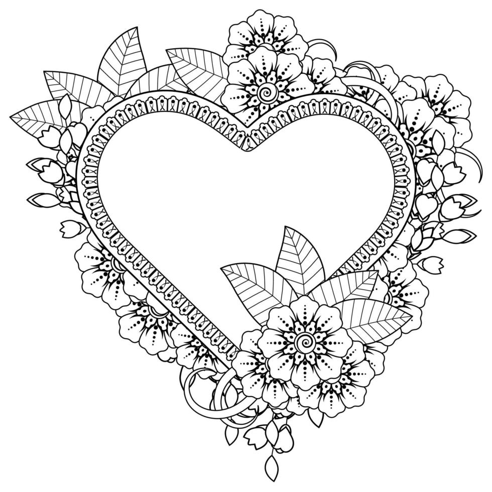 mehndi flower with frame in shape of heart vector