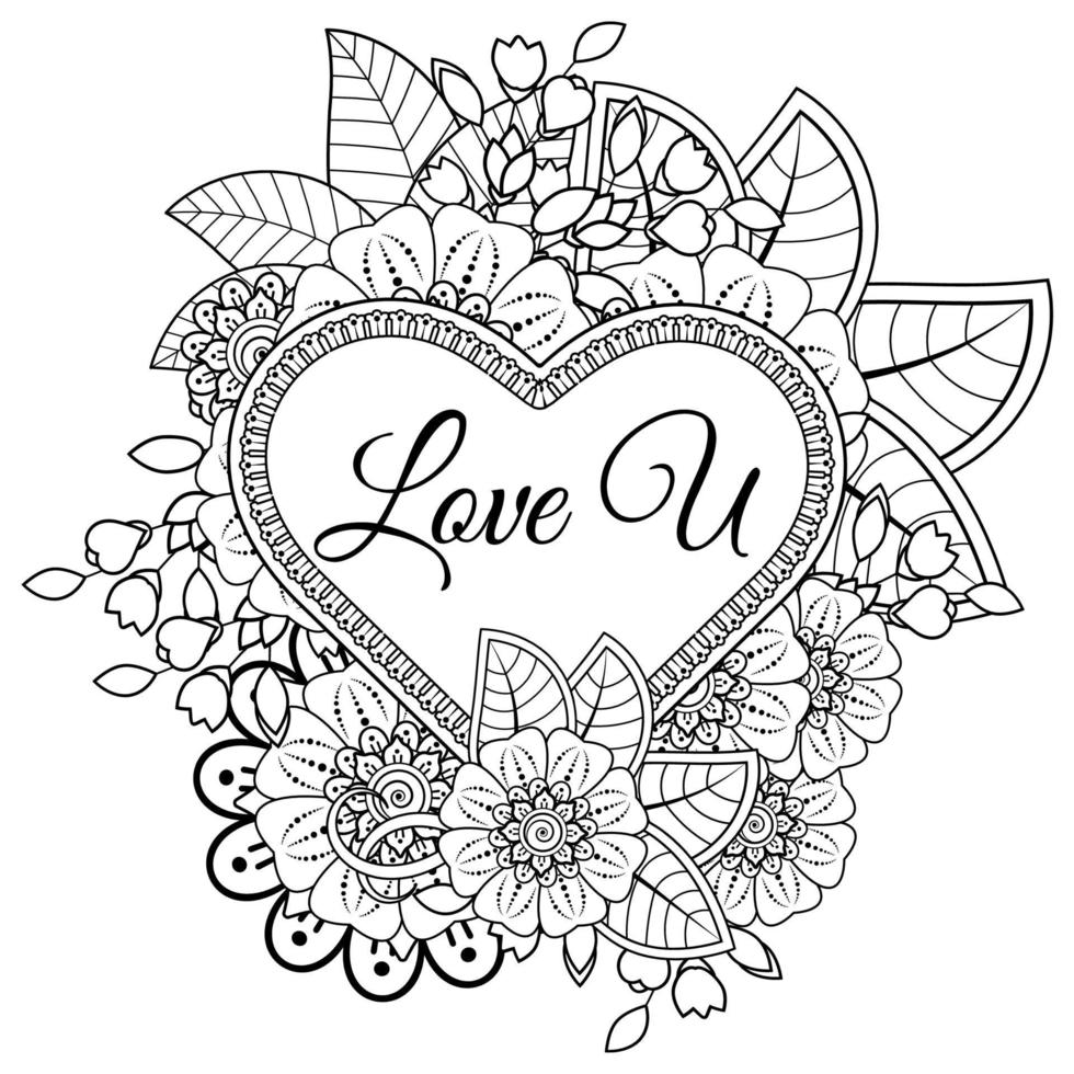 mehndi flower with frame in shape of heart. vector