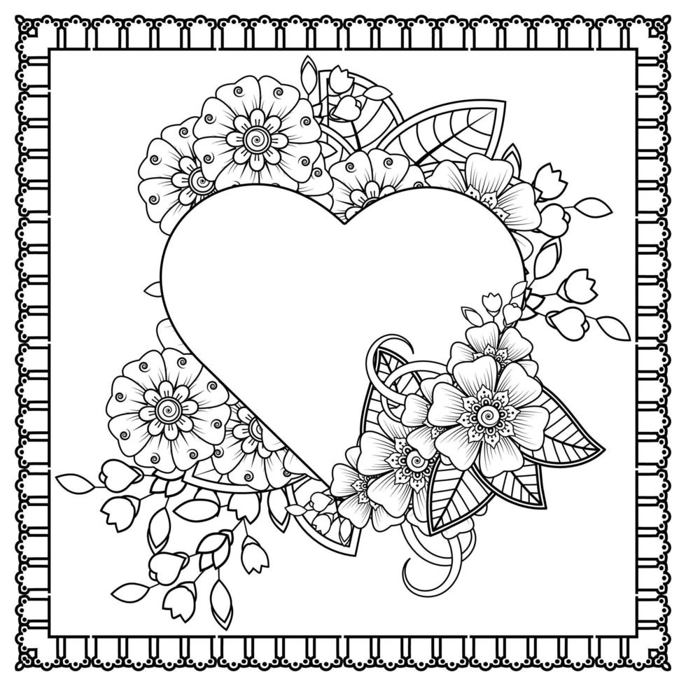 mehndi flower with frame in shape of heart vector