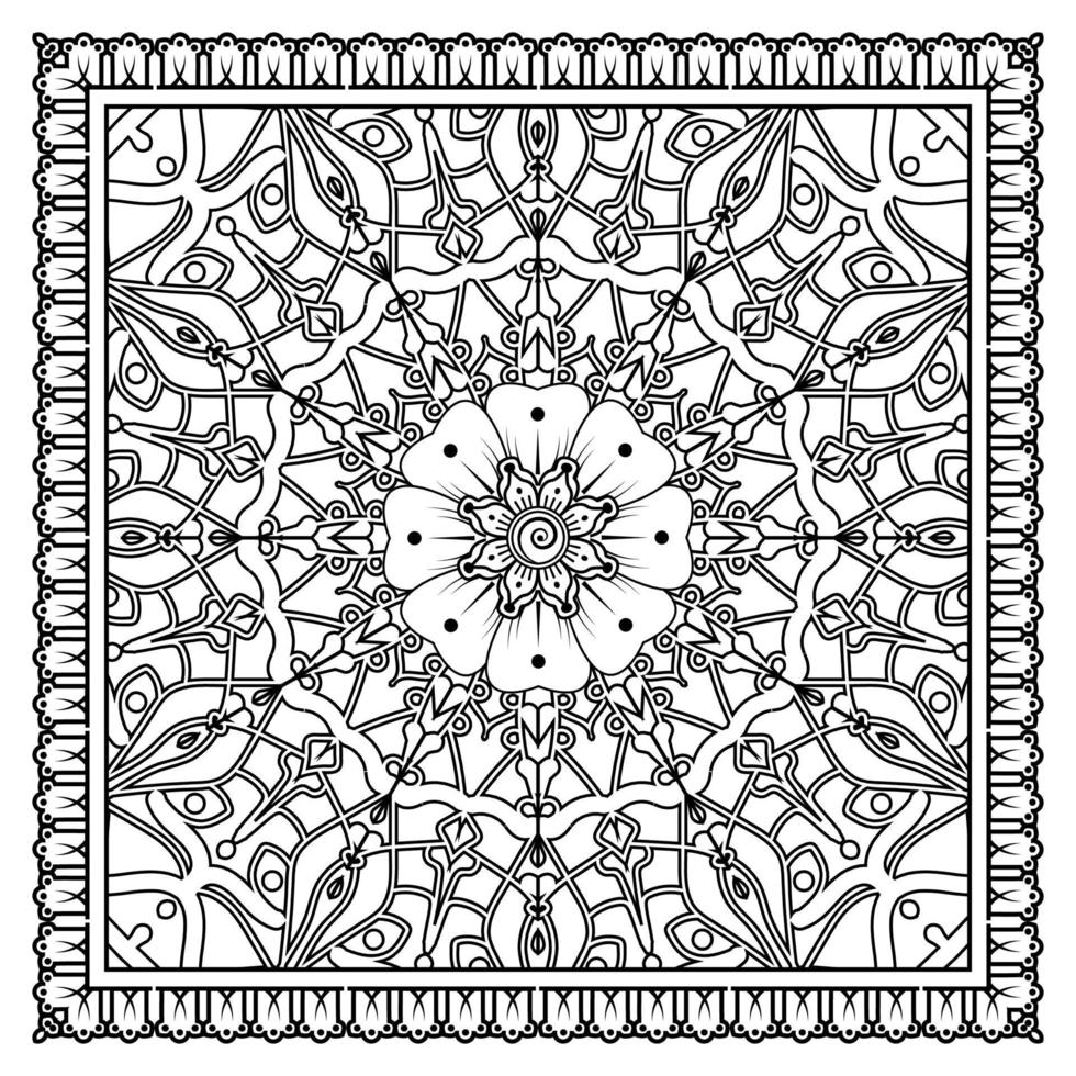 Esquema de patrón de flores cuadradas en estilo mehndi para colorear la página del libro vector