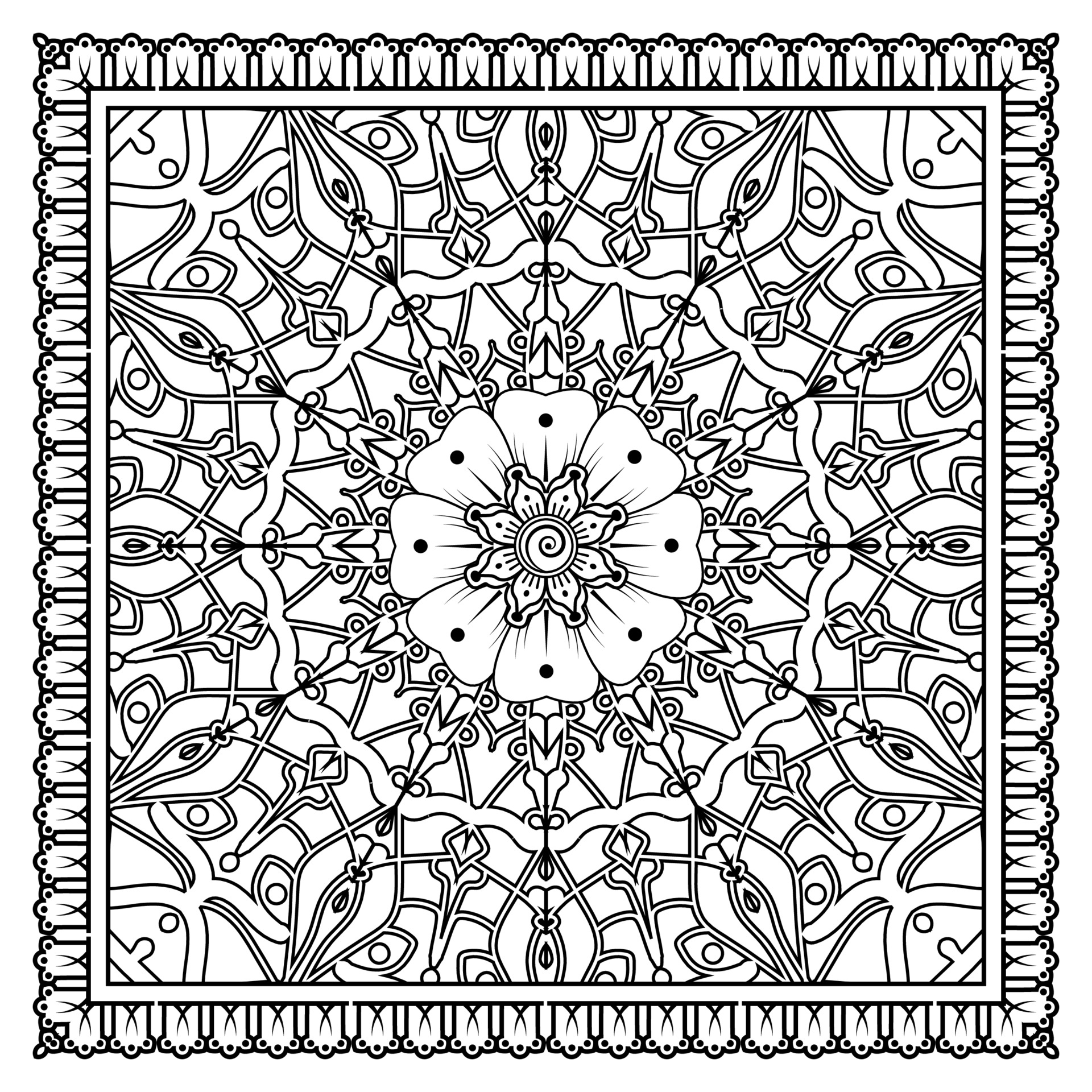 Outline square flower pattern in mehndi style for coloring book page ...