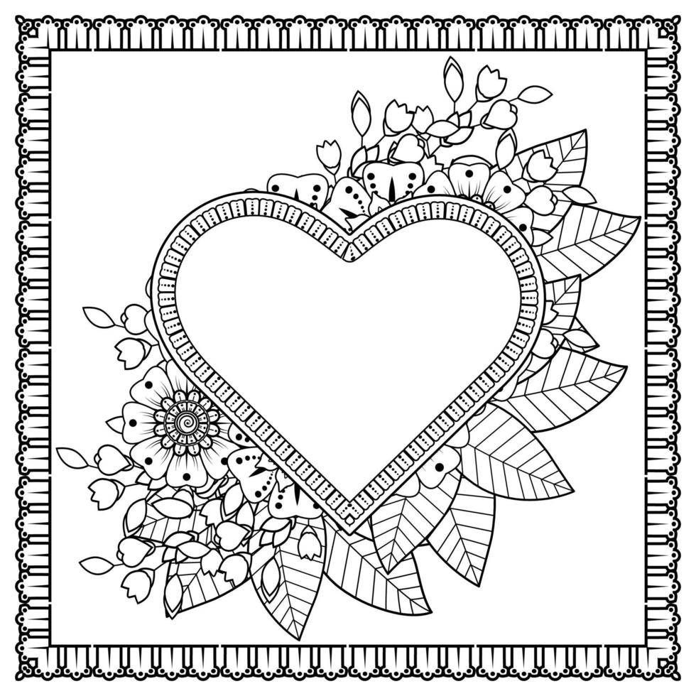 mehndi flower with frame in shape of heart vector