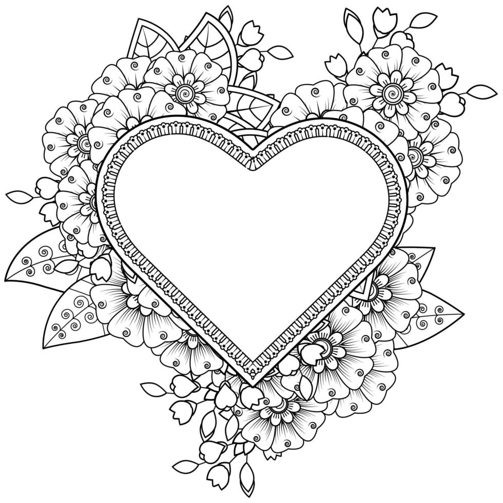 mehndi flower with frame in shape of heart vector