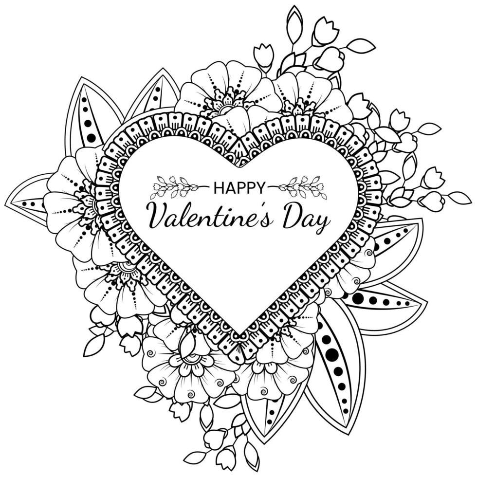 mehndi flower with frame in shape of heart vector