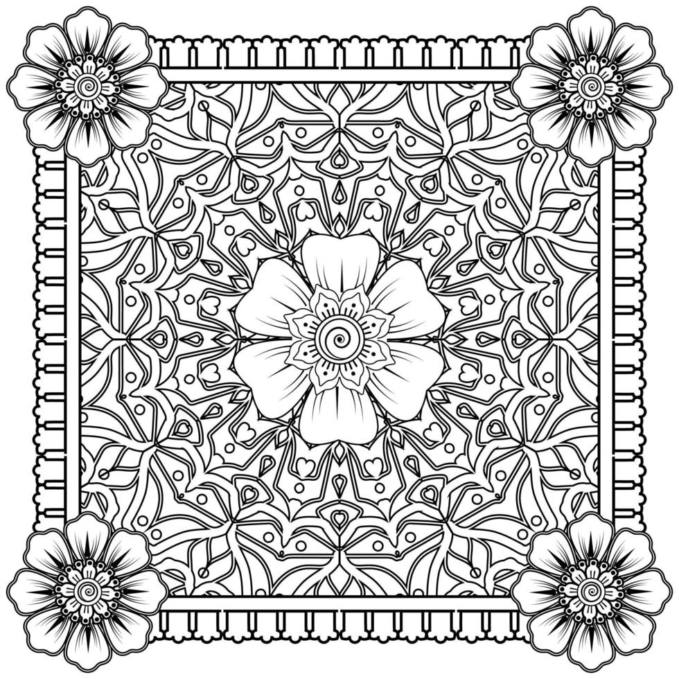 Outline square flower pattern in mehndi style for coloring book page vector