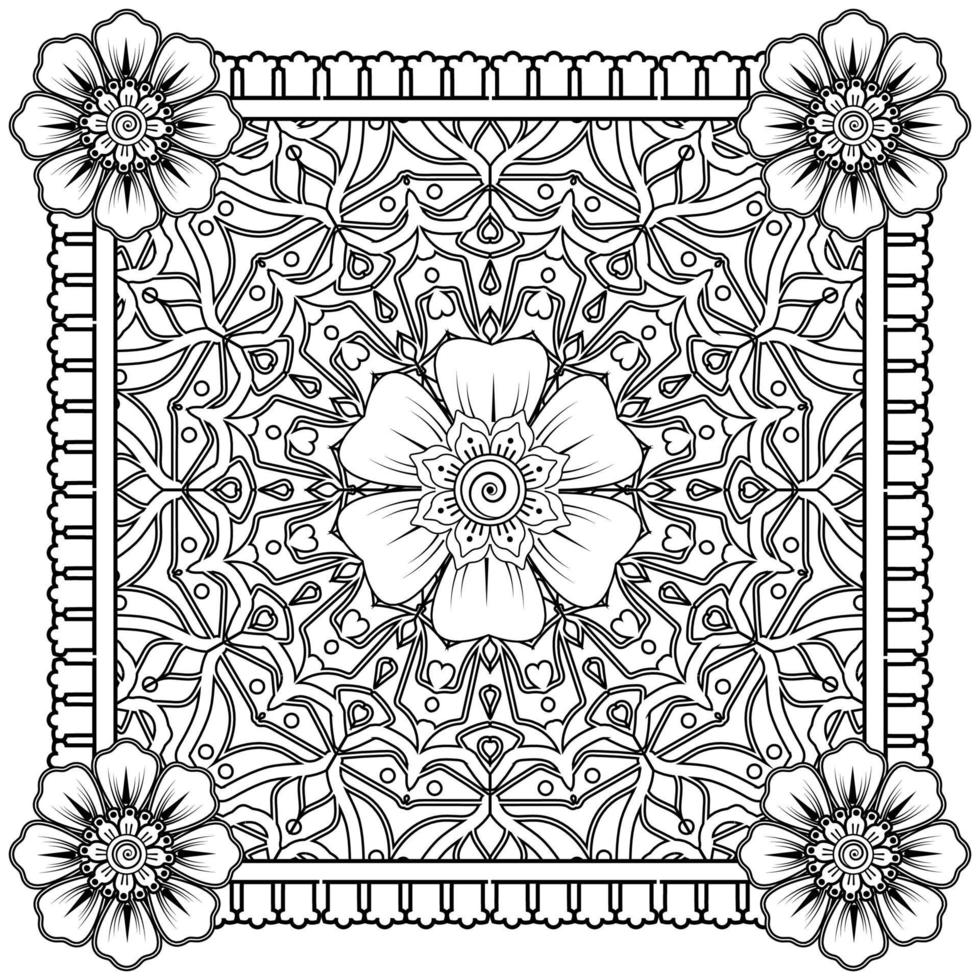 Outline square flower pattern in mehndi style for coloring book page vector