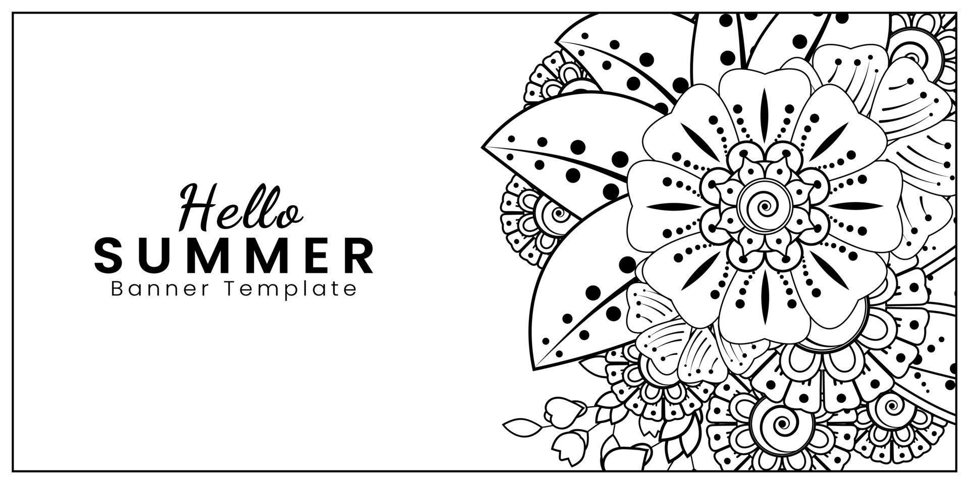 hola plantilla de banner de verano con flor mehndi vector