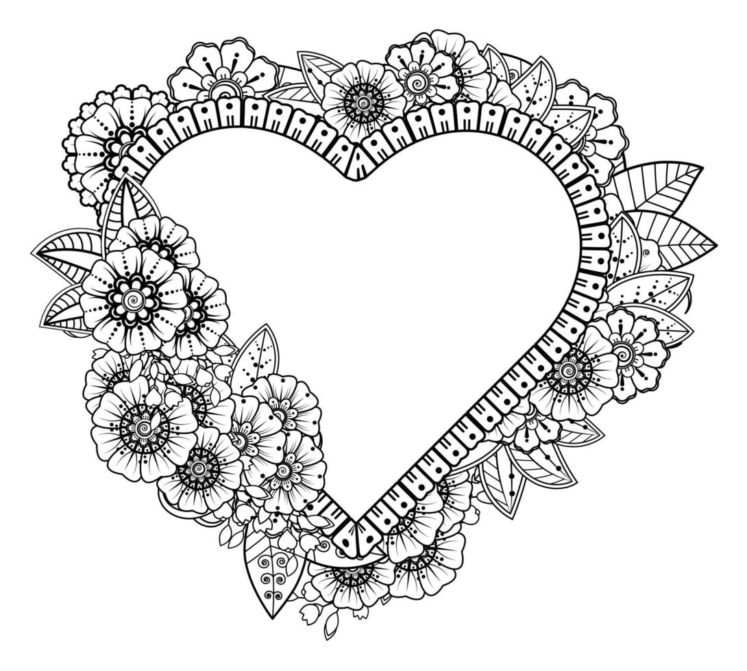 mehndi flower with frame in shape of heart vector