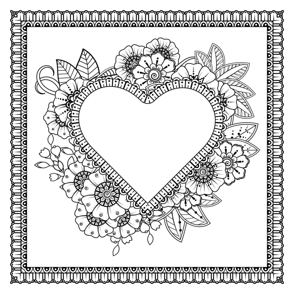 mehndi flower with frame in shape of heart vector