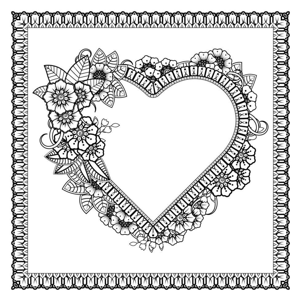 mehndi flower with frame in shape of heart vector