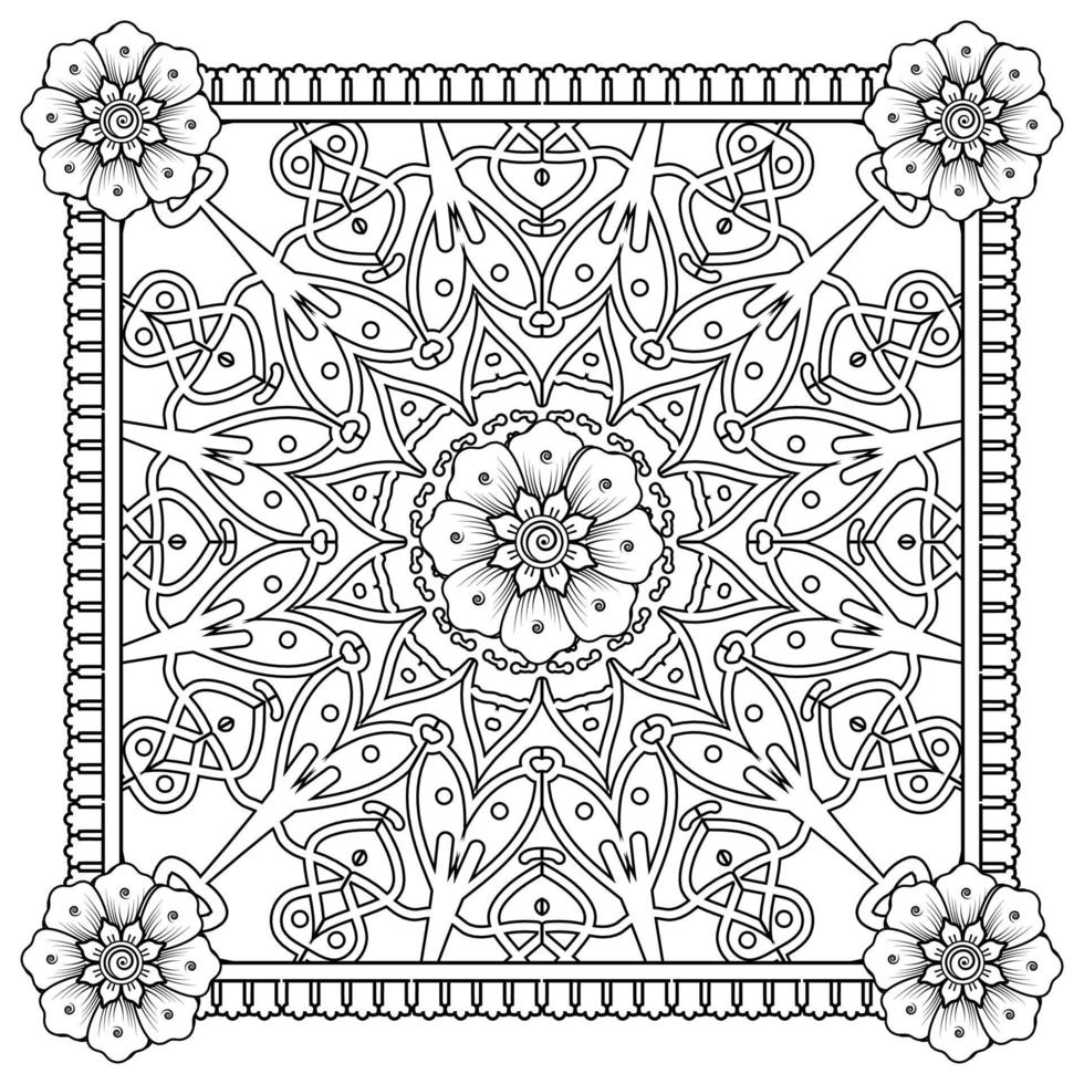 Outline square flower pattern in mehndi style for coloring book page vector
