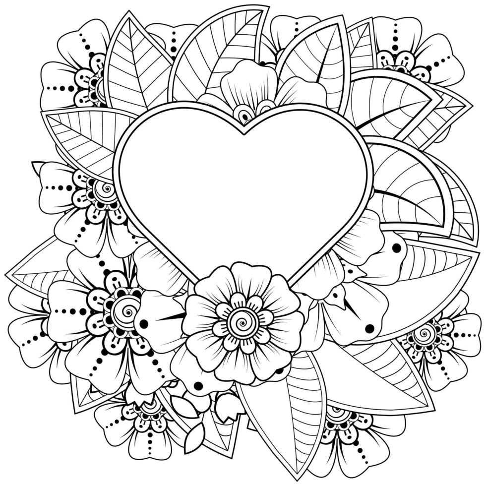 mehndi flower with frame in shape of heart vector