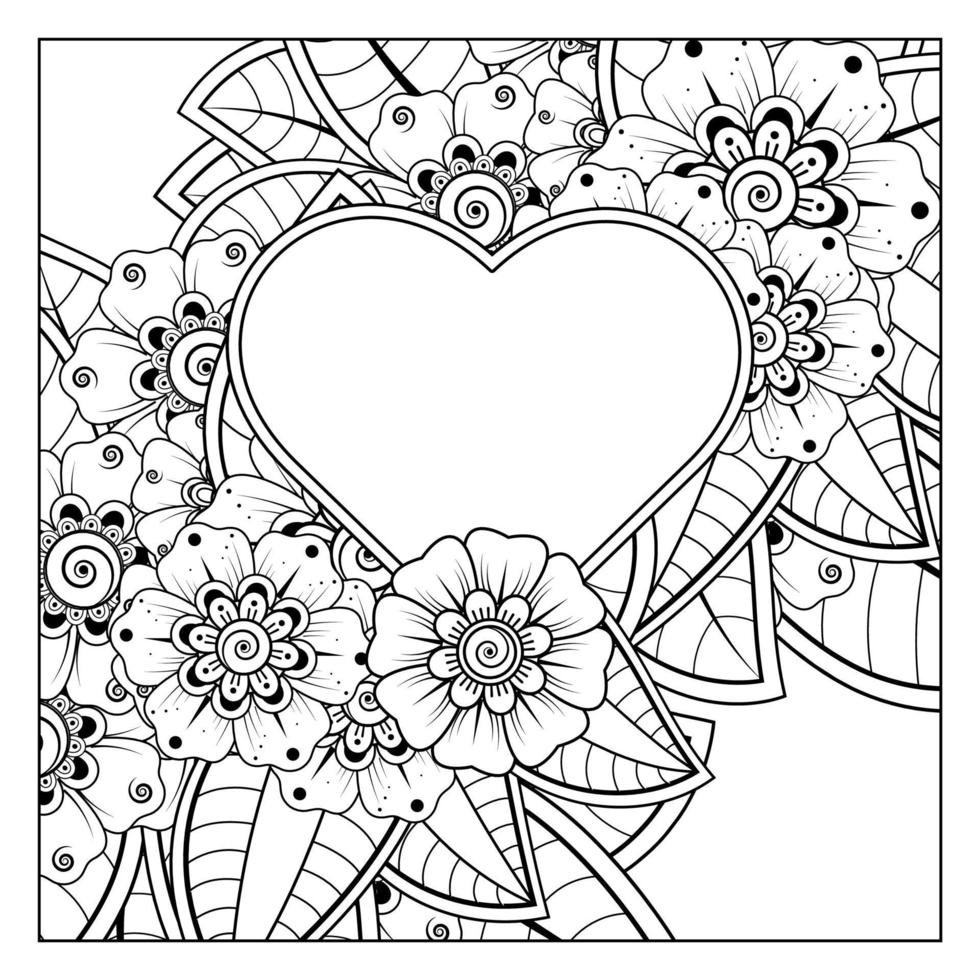 mehndi flower with frame in shape of heart vector