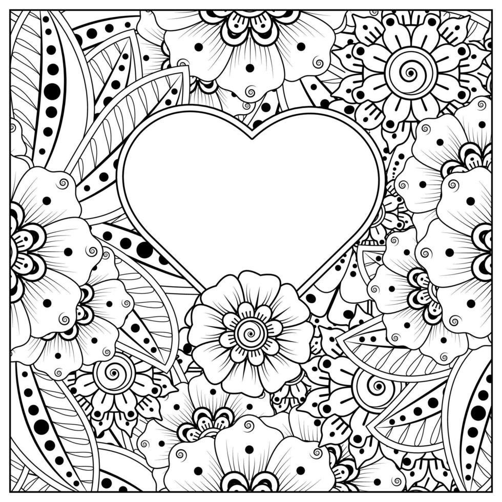 mehndi flower with frame in shape of heart vector
