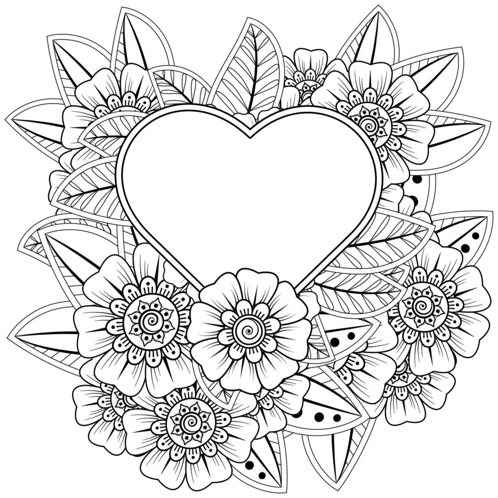 mehndi flower with frame in shape of heart vector