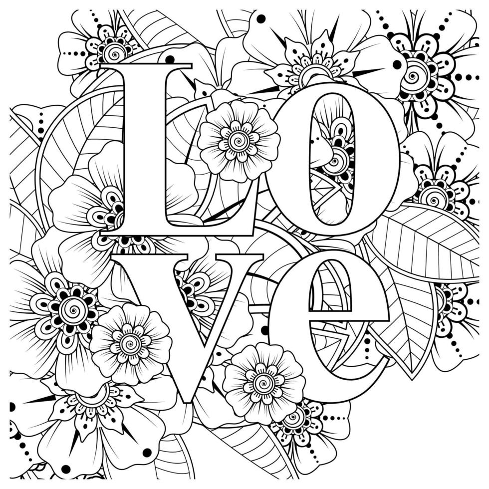 palabras de amor con flores mehndi para colorear página de libro doodle adorno vector