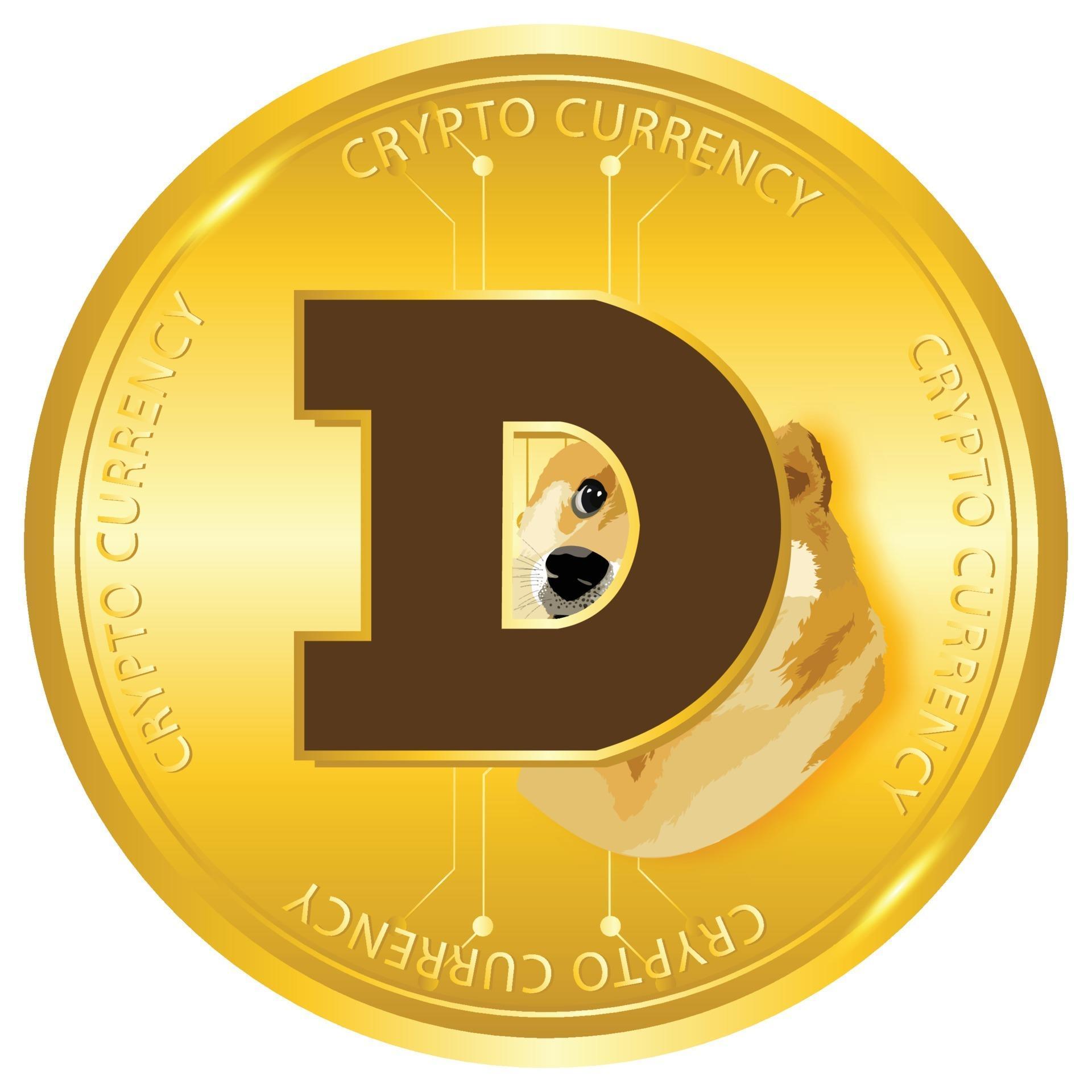 Doge coin logo with D letter and mascot, dogecoin to the moon symbol
