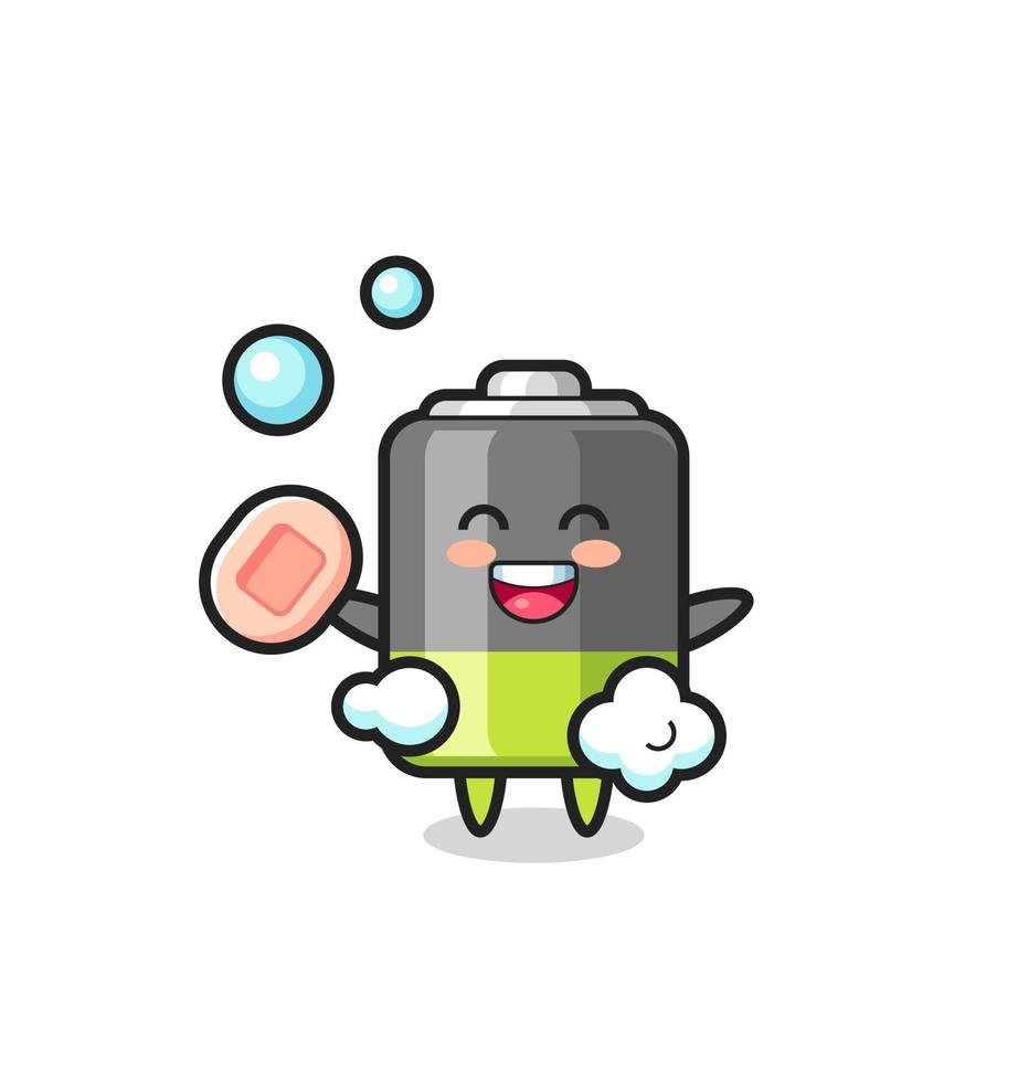 battery character is bathing while holding soap vector