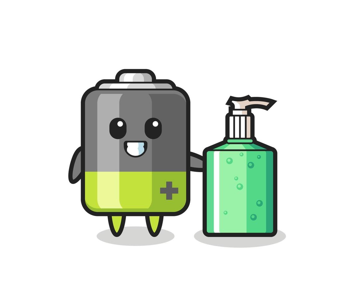 cute battery cartoon with hand sanitizer vector