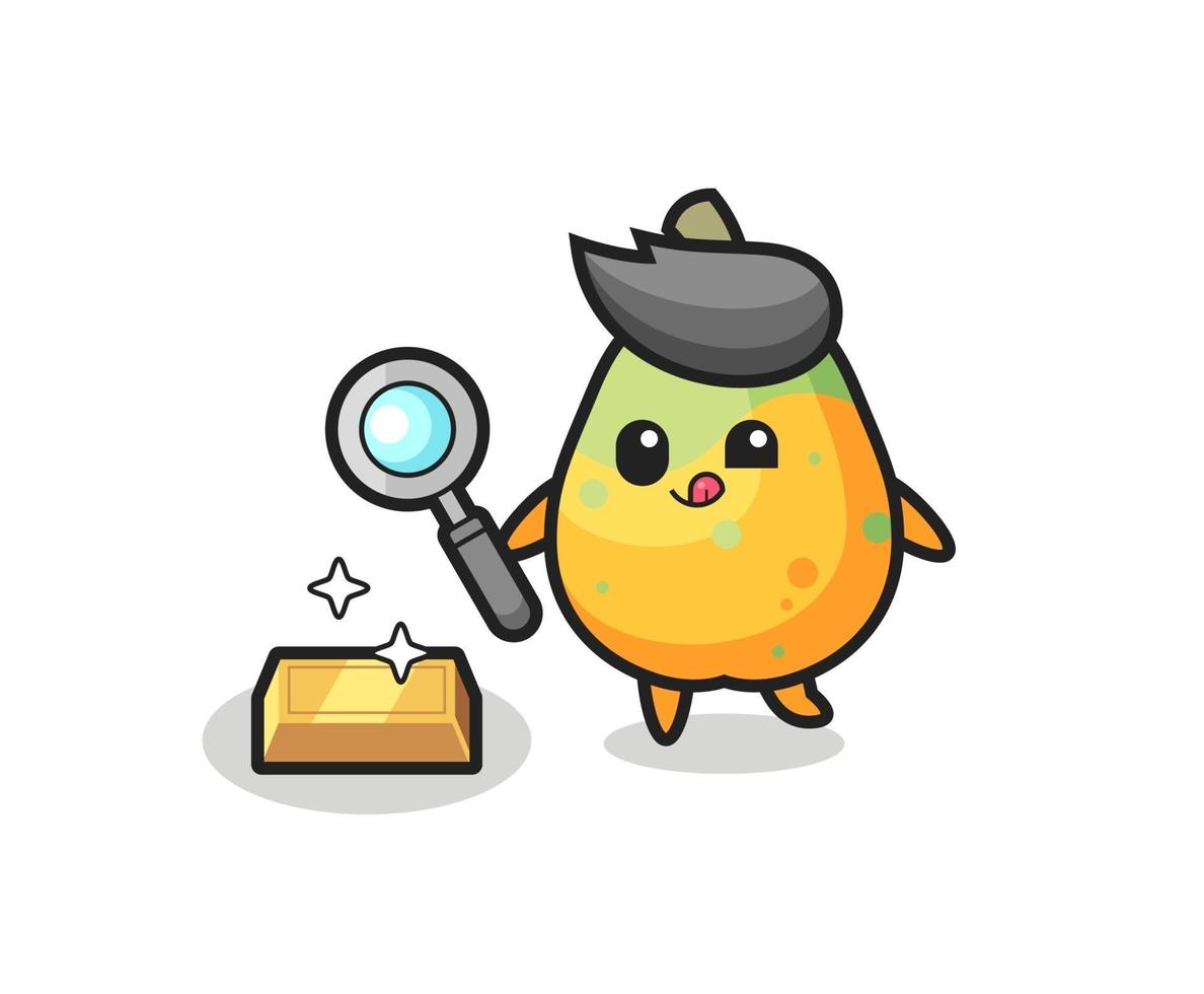 El personaje de la papaya está comprobando la autenticidad de los lingotes de oro. vector