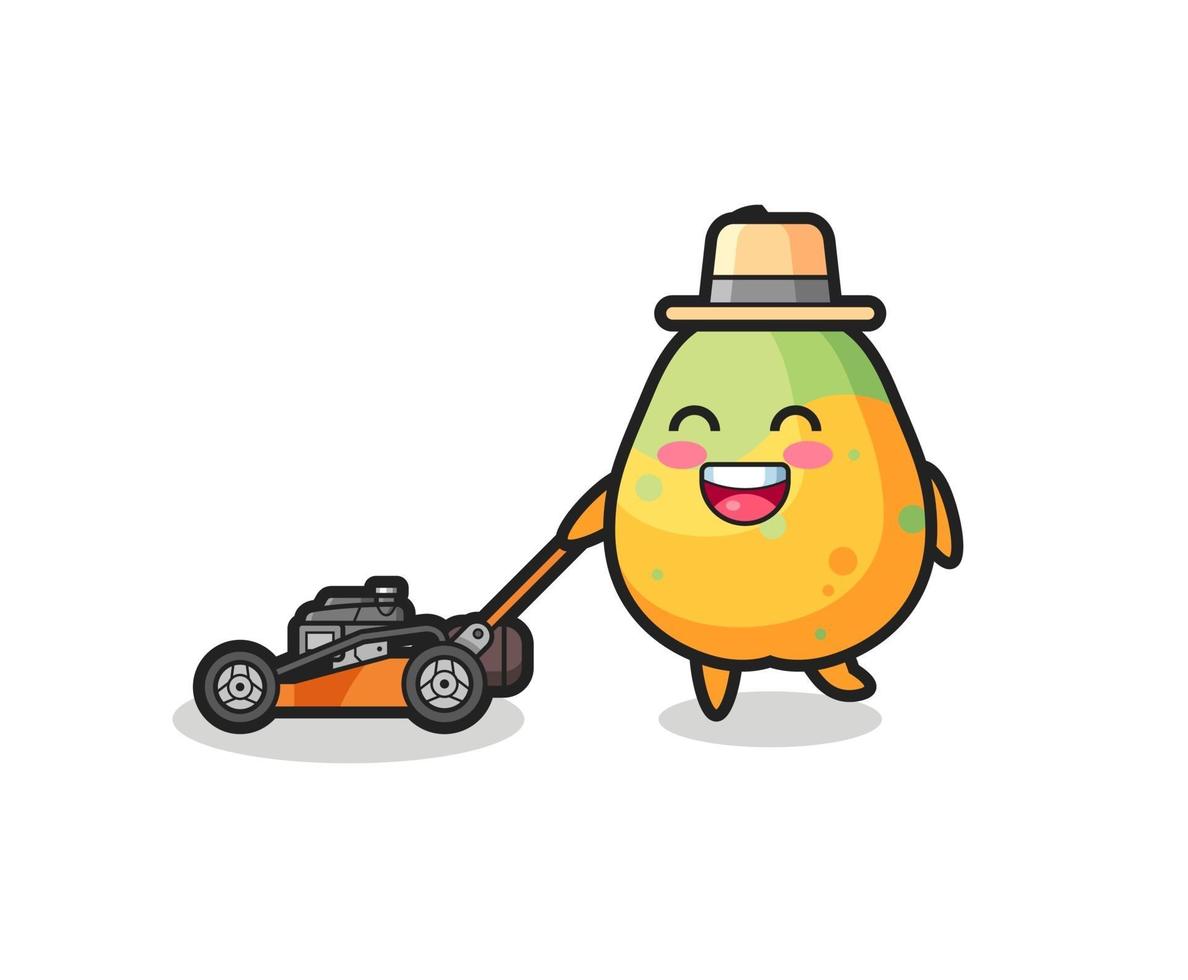 Ilustración del personaje de papaya con cortadora de césped vector