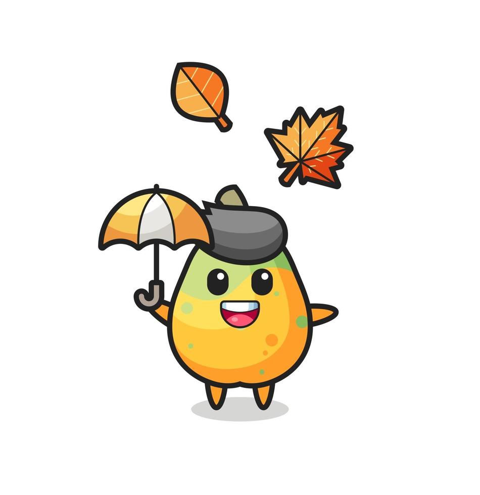 caricatura de la linda papaya sosteniendo un paraguas en otoño vector