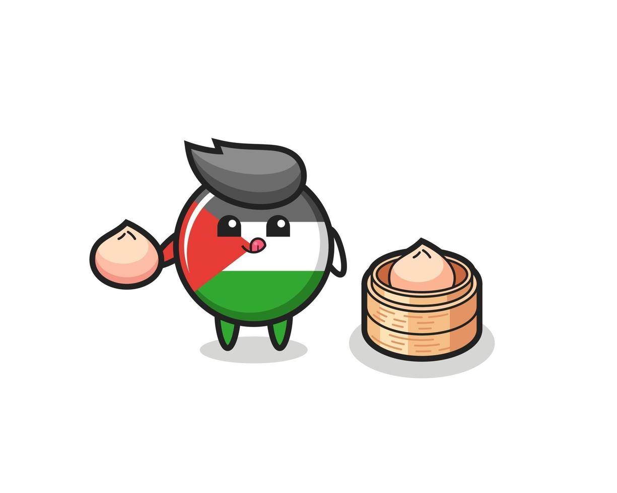 cute palestine flag badge character eating steamed buns vector