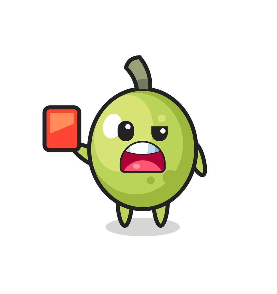 olive cute mascot as referee giving a red card vector