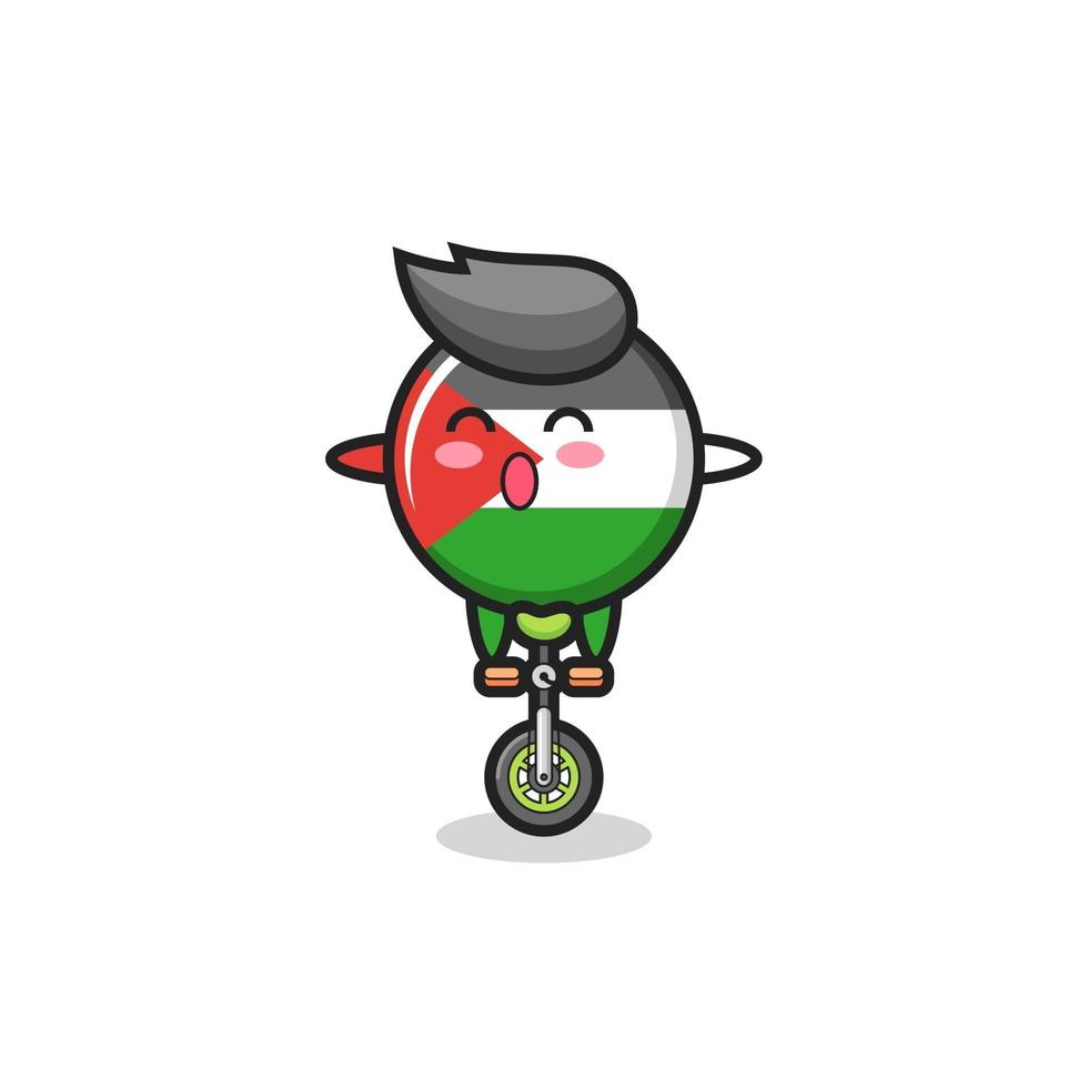 el lindo personaje de la insignia de la bandera de palestina está montando una bicicleta de circo vector